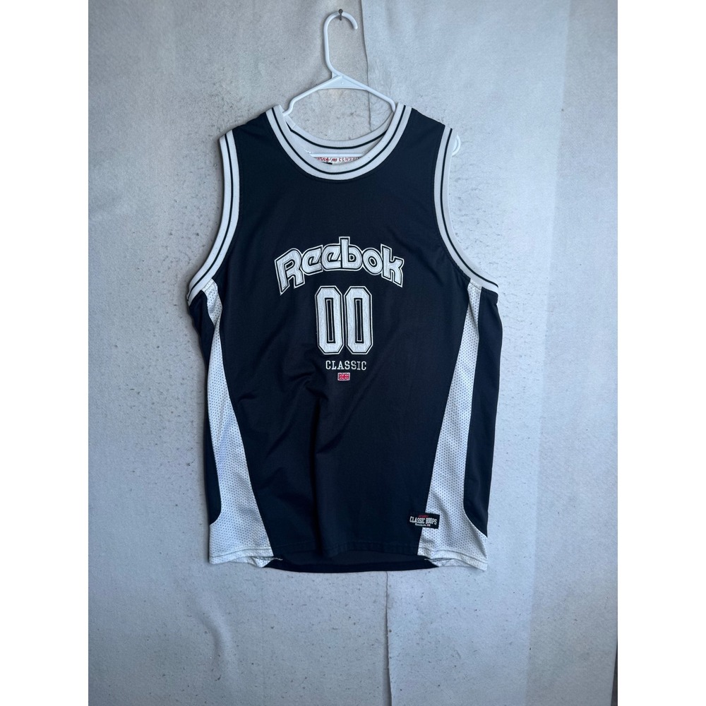 Reebok Classic Hoops Basketball Jersey Black White Embroidered Mens Large 00